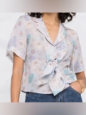 Sandro Paris Floral Knot Front Button Shirt Blouse Blue Size Small